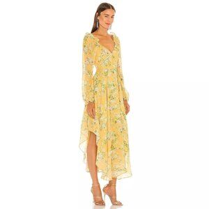 Sau Lee Georgia Long Sleeve V-Neck Floral Asymmetrical Hem Midi Dress Size 6‎